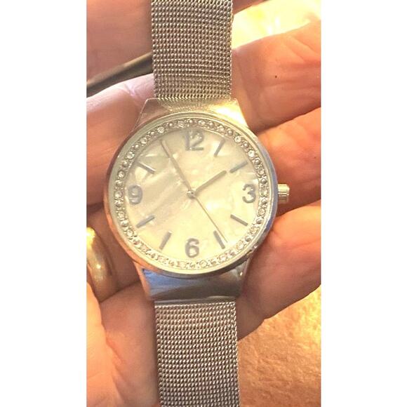 Women's 34mm Silver Tone Watch, Crystal Accents, MOP Face, Mesh Band - Picture 3 of 4